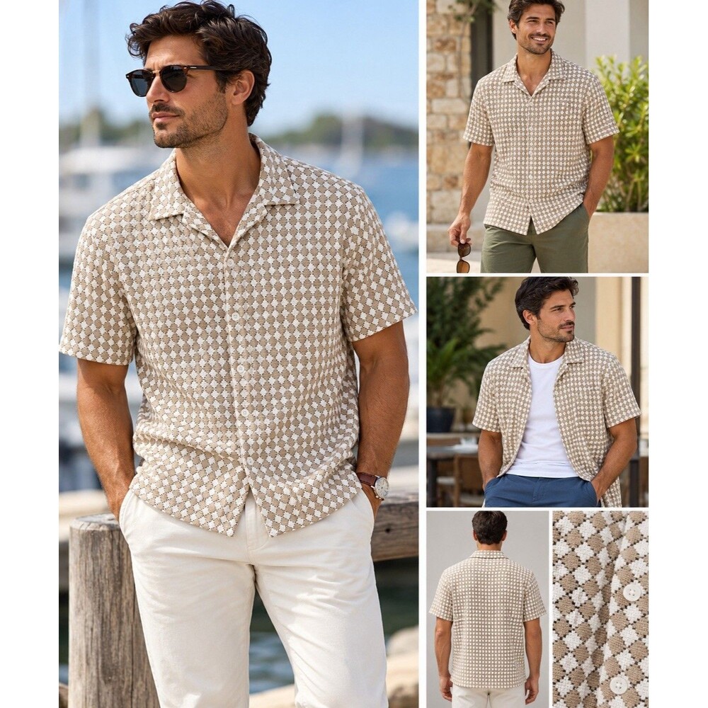 Massive Luxury M Crochet Knit Shirt Tan Cream 70s Resort Coastal Button Up